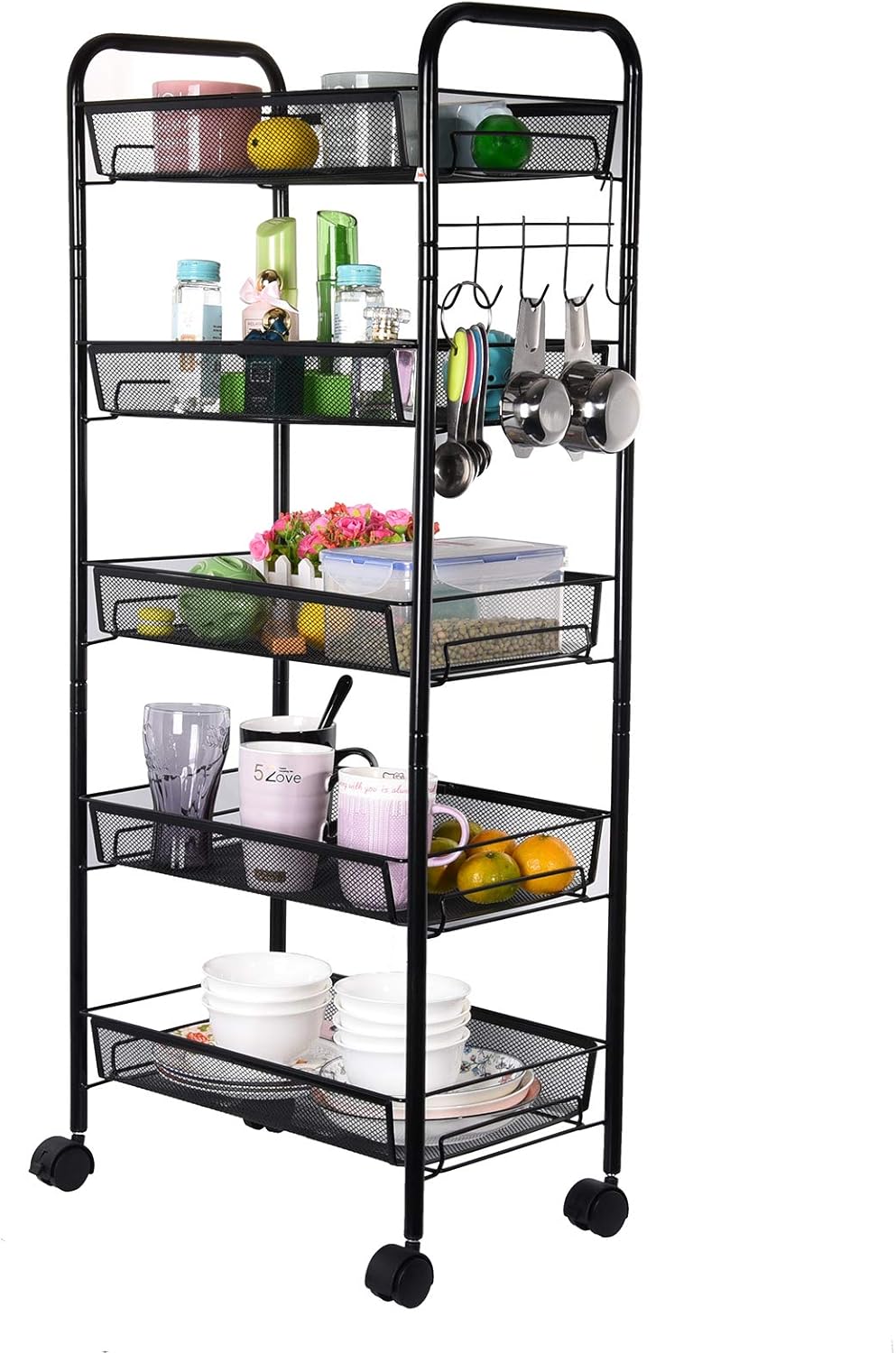 5-Tier Metal Mesh Rolling Utility Cart with Lockable Wheels, Black G728924
