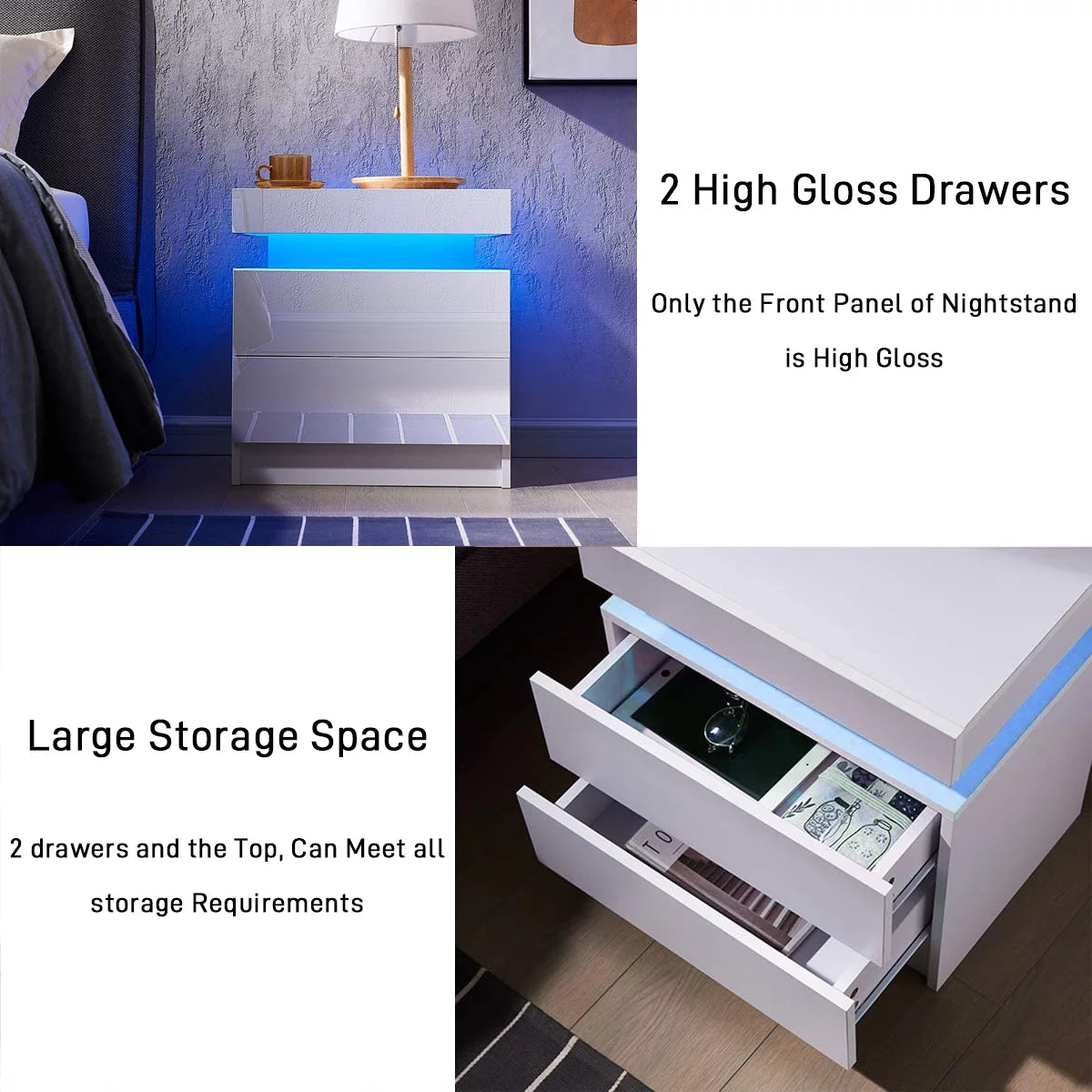 White 2 Drawer High Gloss Nightstand with LED Light G687721