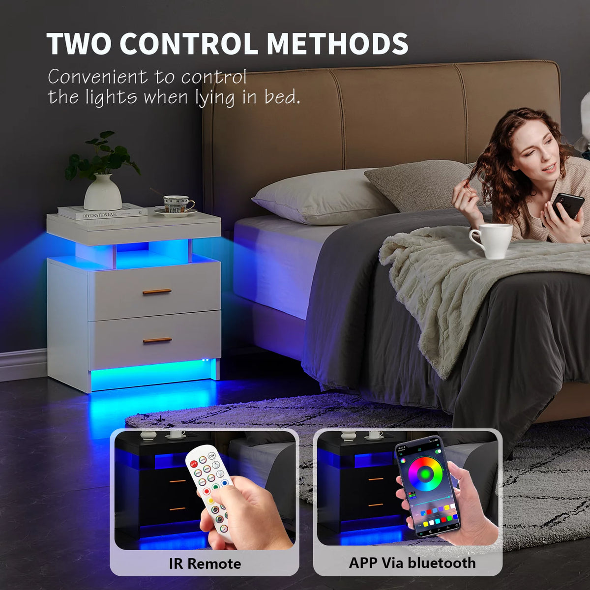 Black 2 Drawer LED Nightstand with Wireless Charging Station Z873334