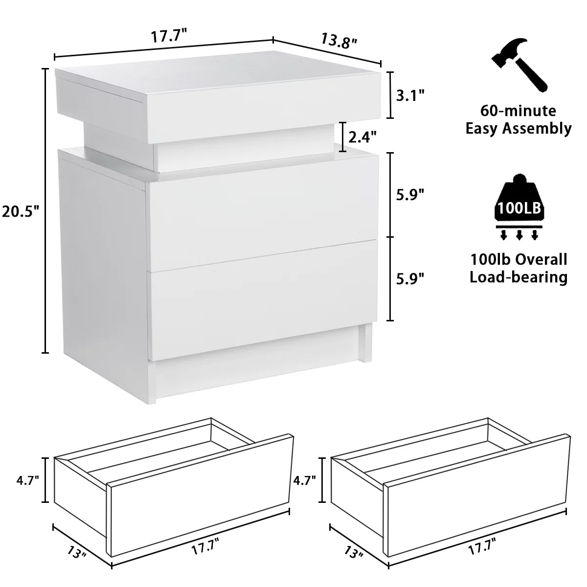 White 2 Drawer High Gloss Nightstand with LED Light G687721