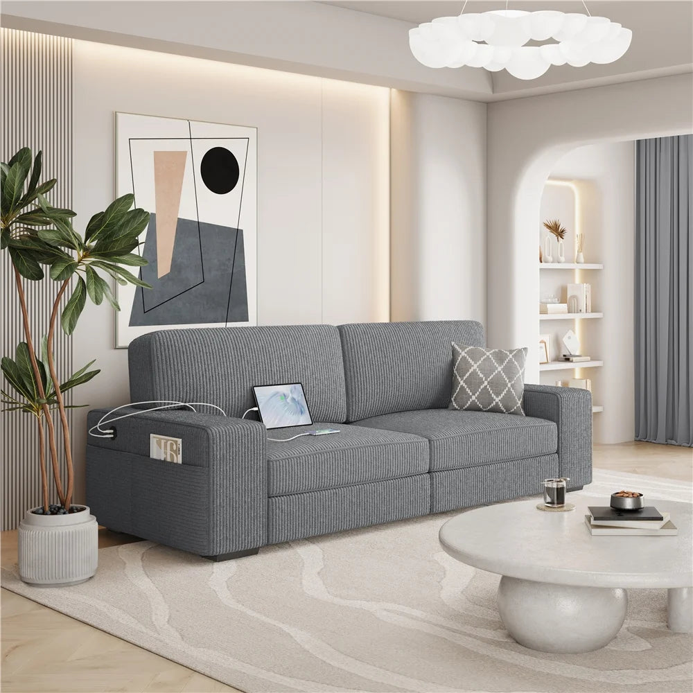 83.5'' W 2-Seater Corduroy Fabric Sofa Couch with USB Charging Ports, Ivory H797