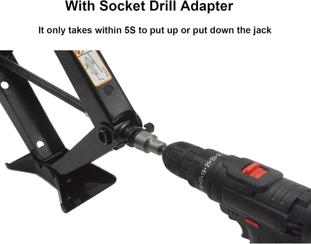 Scissor Lift Jack 3 Ton Capacity with Jack Socket Drill Adapter Black H1693