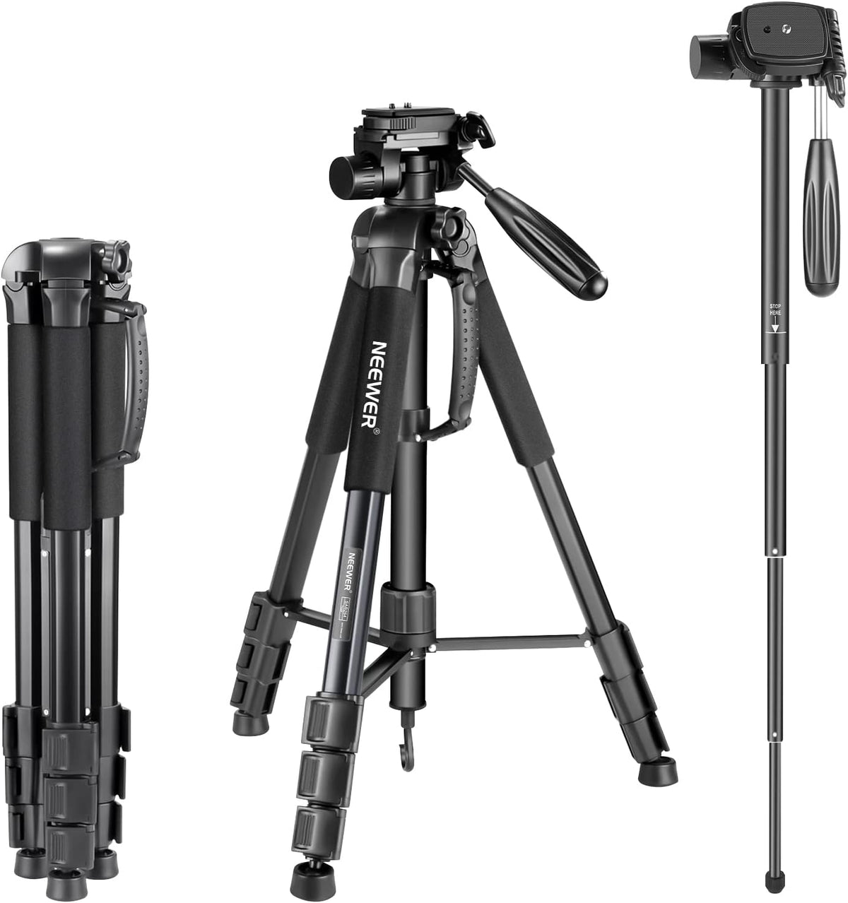 Portable Aluminum Alloy 2-in-1 Tripod Monopod with 3-Way Pan Head and Carrying Bag X547758
