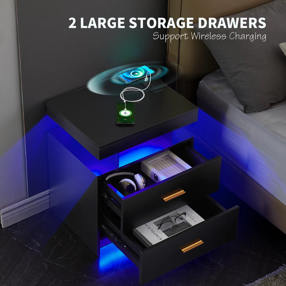 Black 2 Drawer LED Nightstand with Wireless Charging Station Z873334
