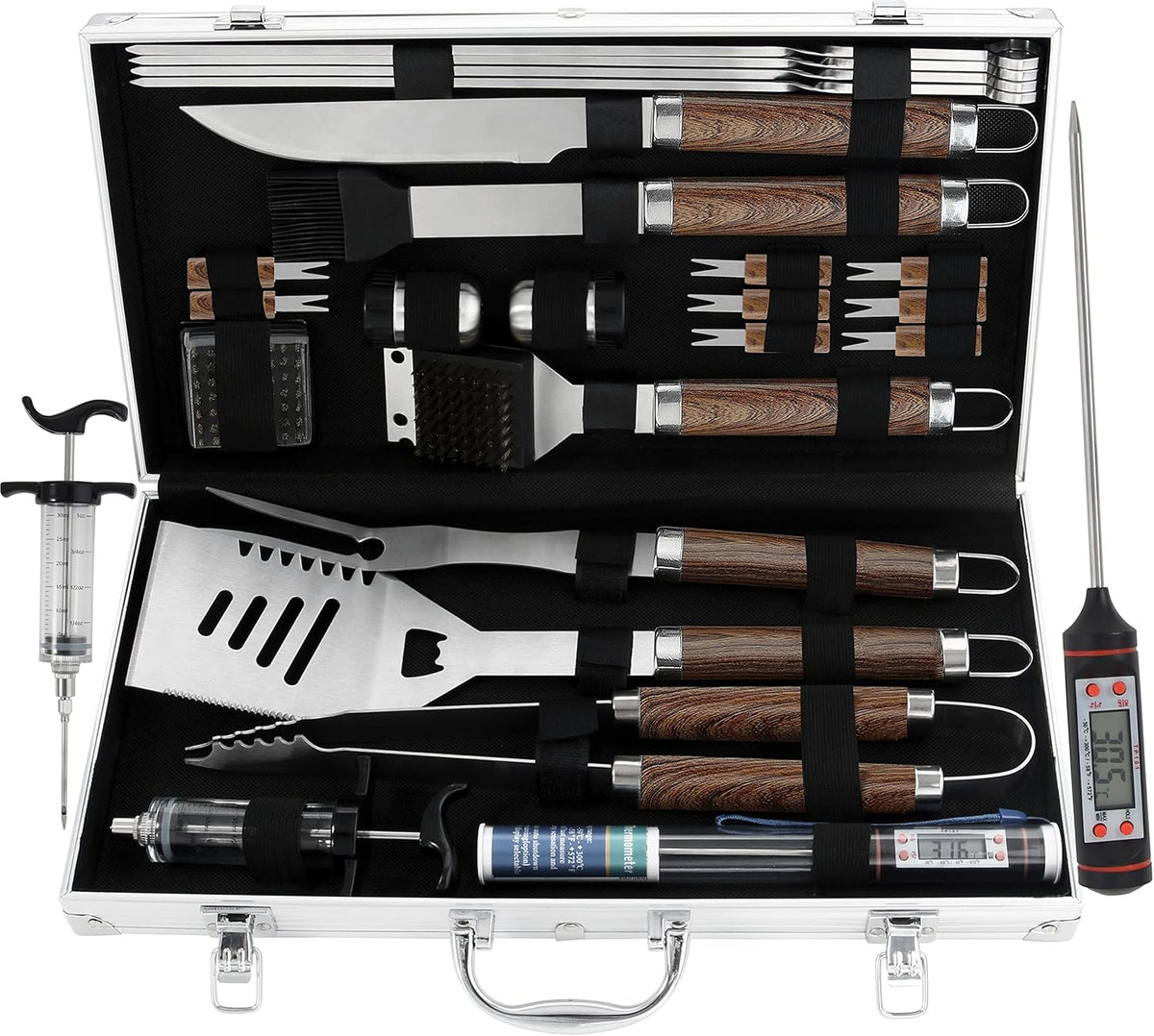 24PCS Stainless Steel BBQ Grill Tools Set with Meat Thermometer and Injector C600