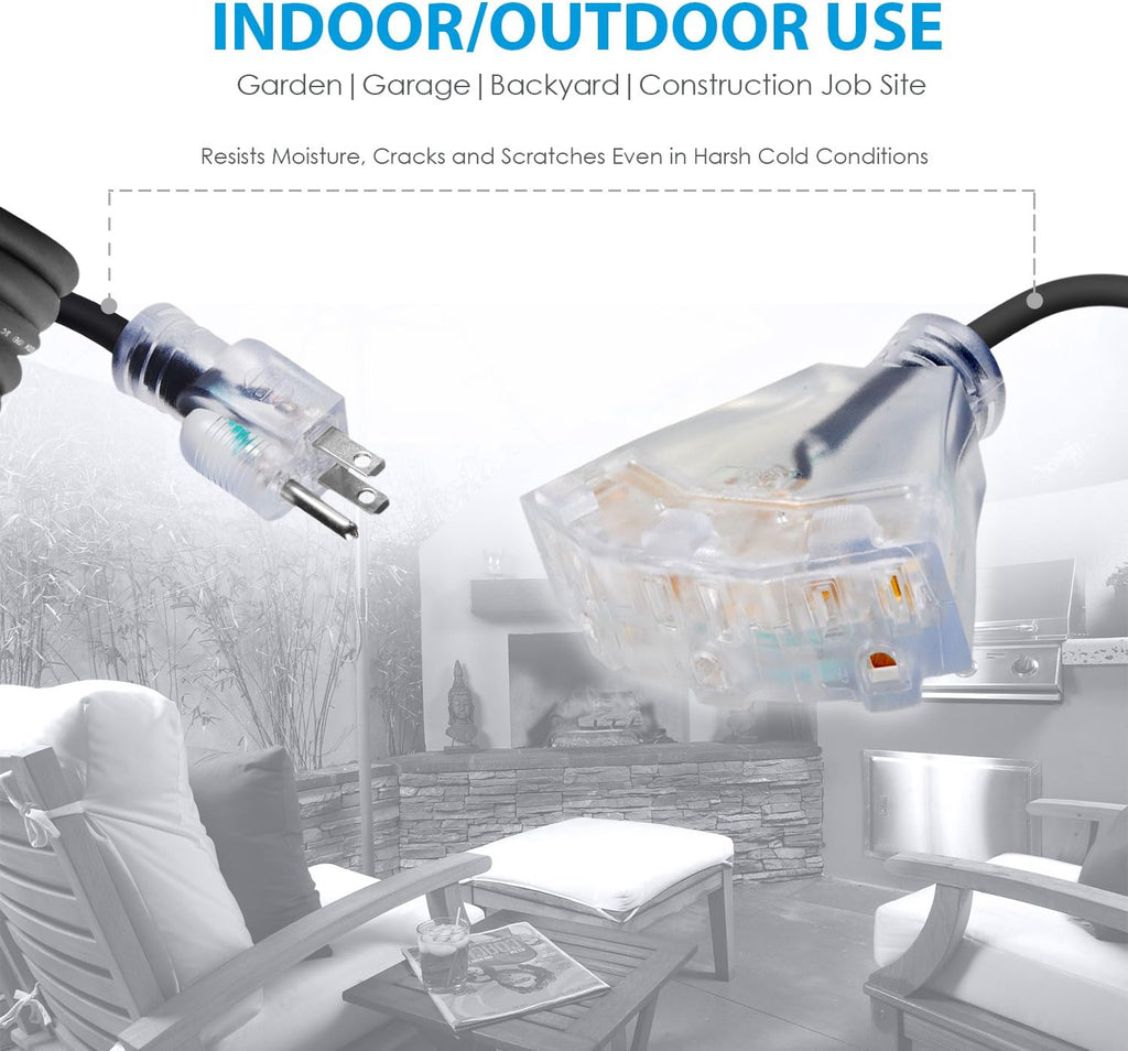 100 FT 14/3 Outdoor Extension Cord, Black Rubber Triple Outlet N501969