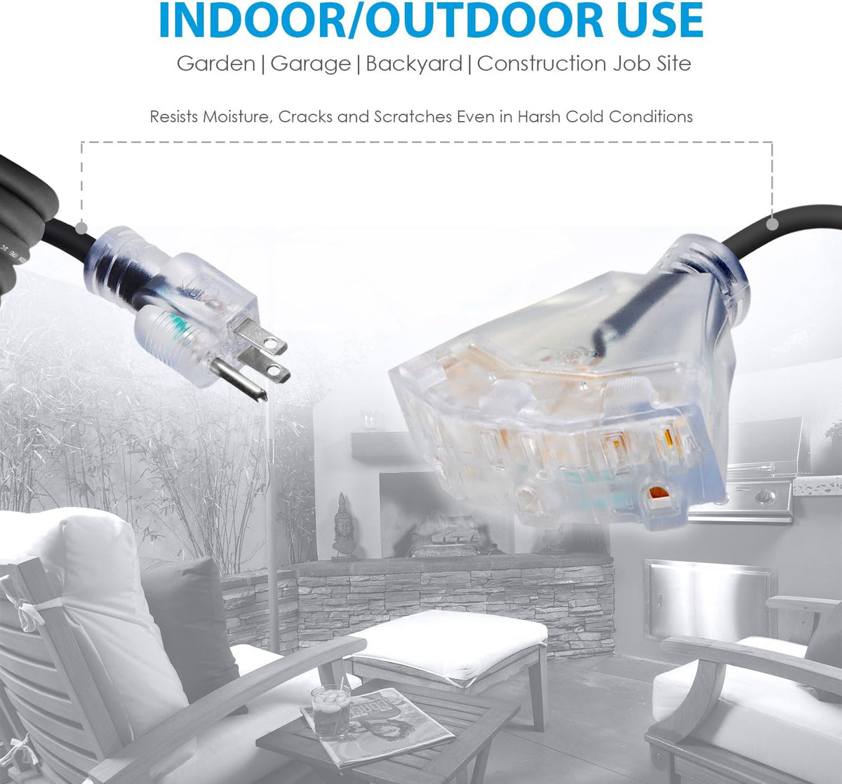 100 FT 14/3 Outdoor Extension Cord, Black Rubber Triple Outlet N501969