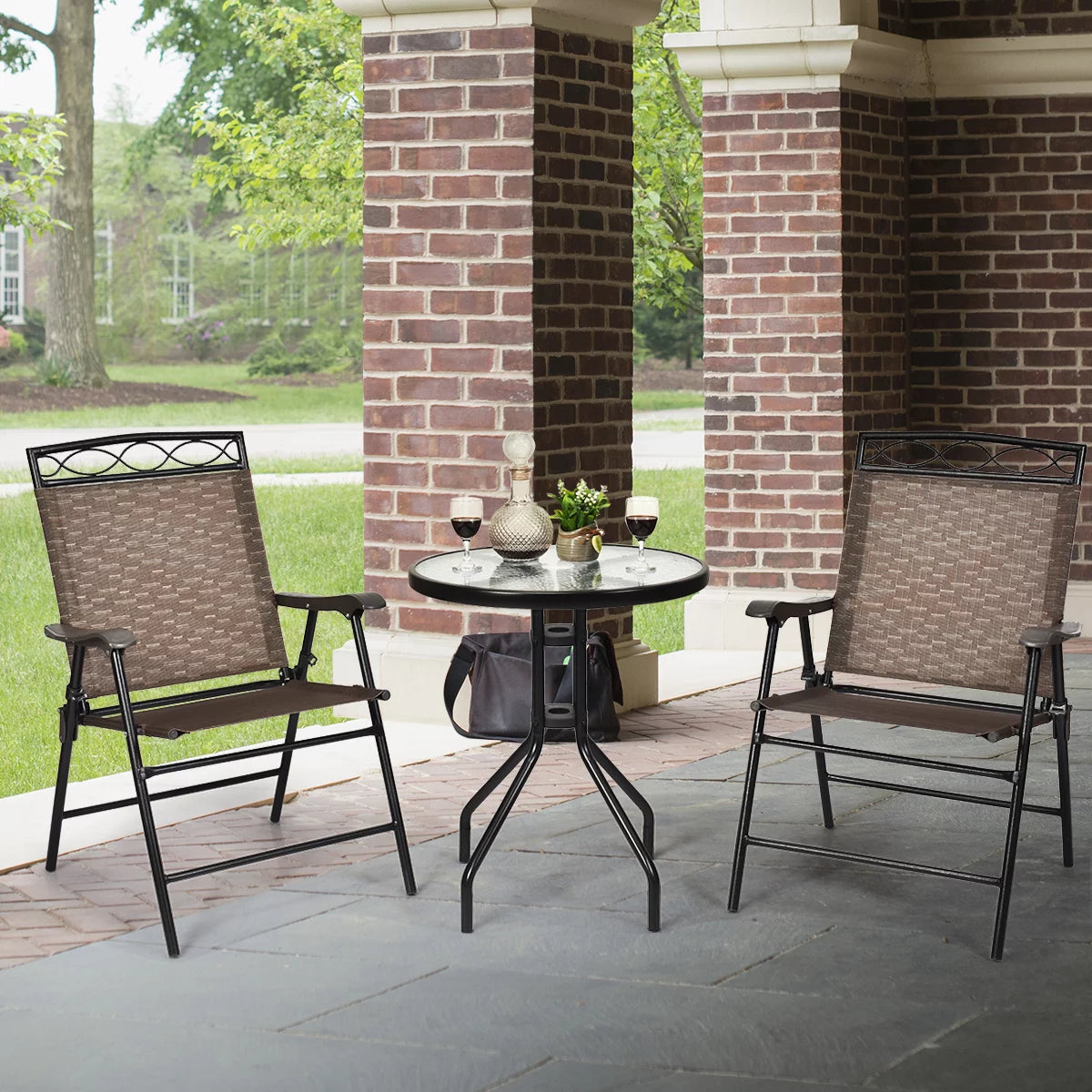 3 PCS Bistro Patio Dining Set with 2 Folding Chairs & Glass Table Q577705