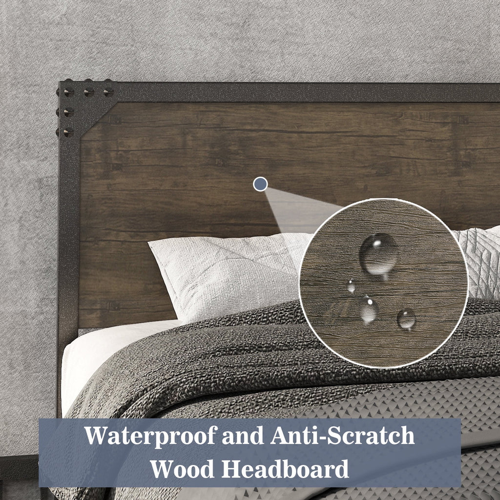 Queen Size Industrial Metal Platform Bed Frame with Wooden Rivet Headboard L75420
