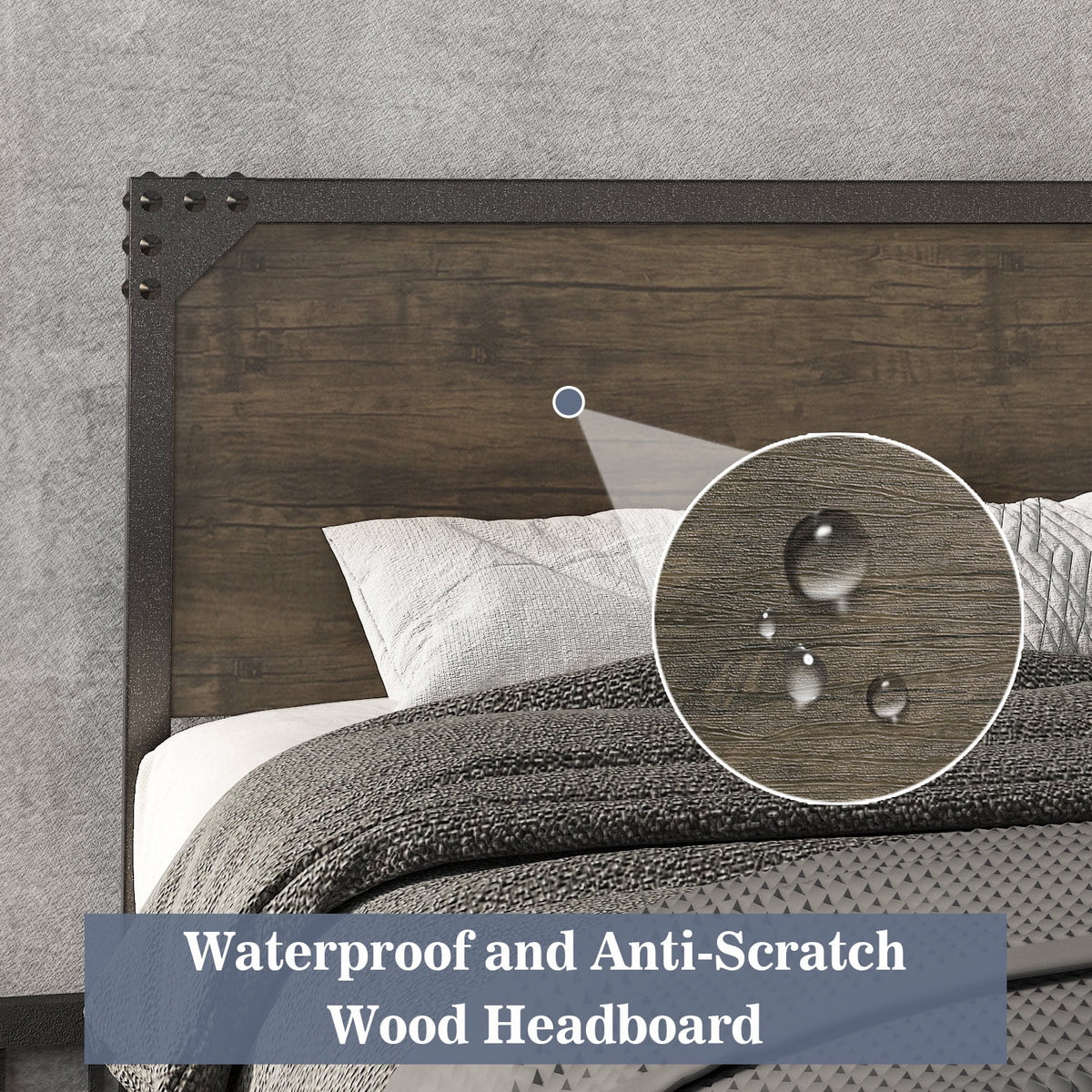 Queen Size Industrial Metal Platform Bed Frame with Wooden Rivet Headboard L75420