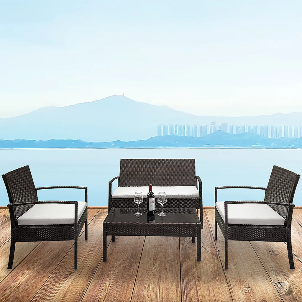 4 Pieces Rattan Cushioned Sofa Table Set E216199