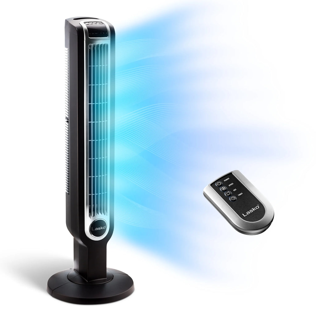 Black 3-Speed Oscillating Tower Fan with Timer and Remote L288355