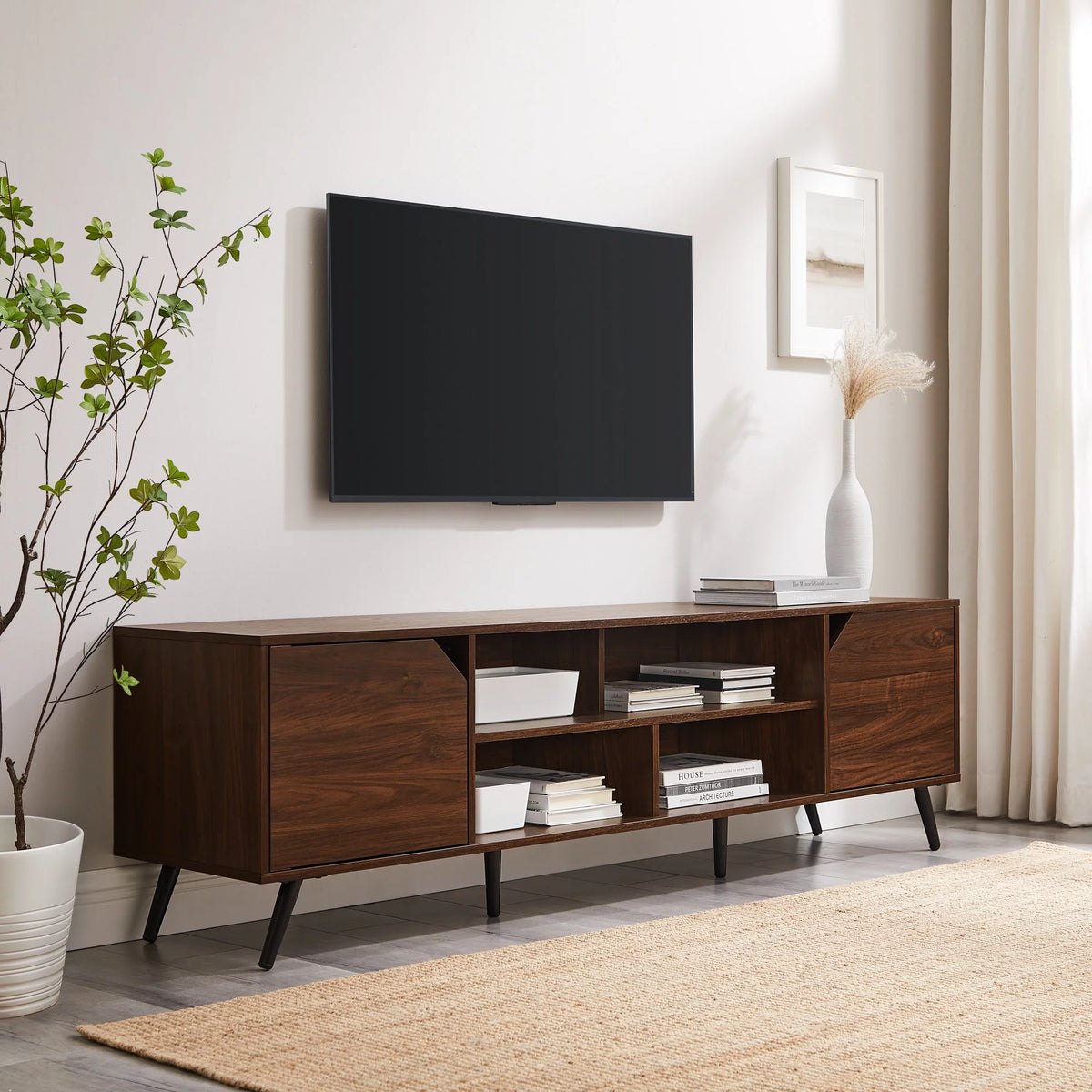 Mid-Century Modern Angle-Door TV Stand, Dark Walnut U808138