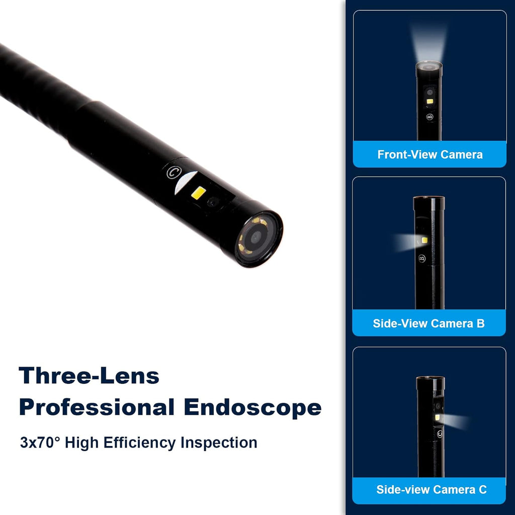 Triple-Lens Borescope Inspection Camera with Light, 1080P HD 7.9mm IP67 Waterproof, 16.4Ft Cable, 5 IPS Screen U45461