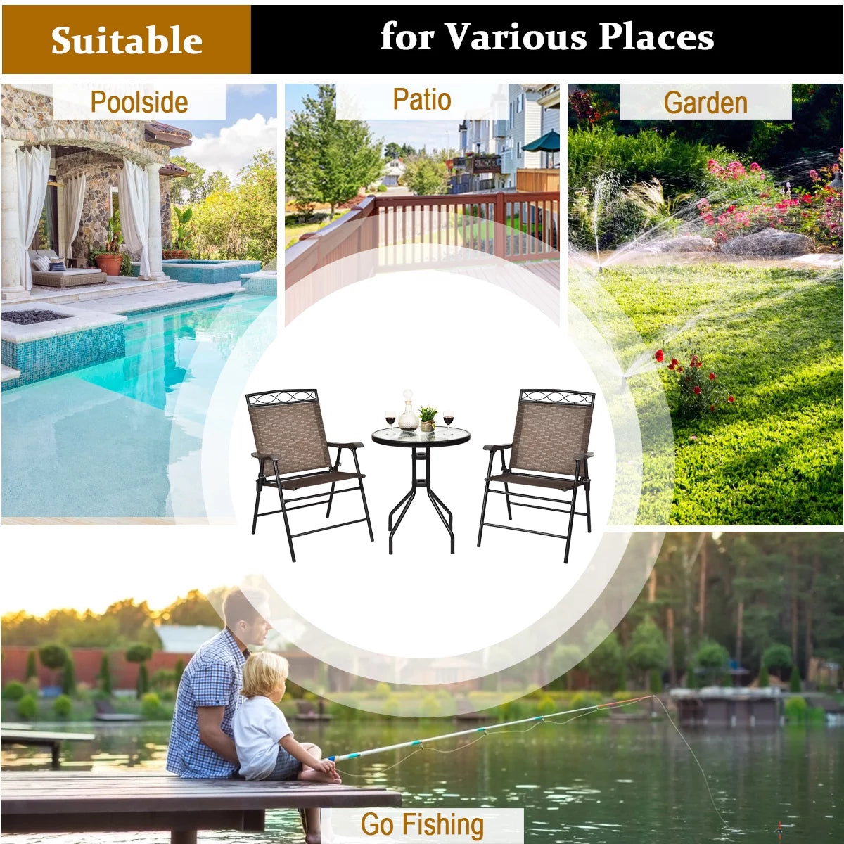 3 PCS Bistro Patio Dining Set with 2 Folding Chairs & Glass Table Q577705