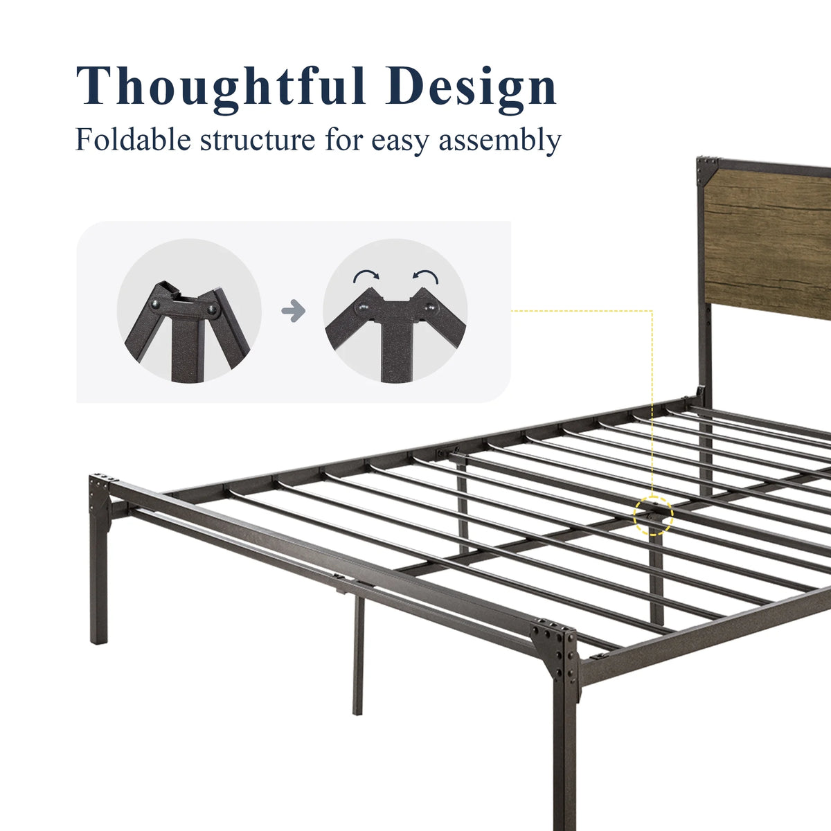 Queen Size Industrial Metal Platform Bed Frame with Wooden Rivet Headboard L75420