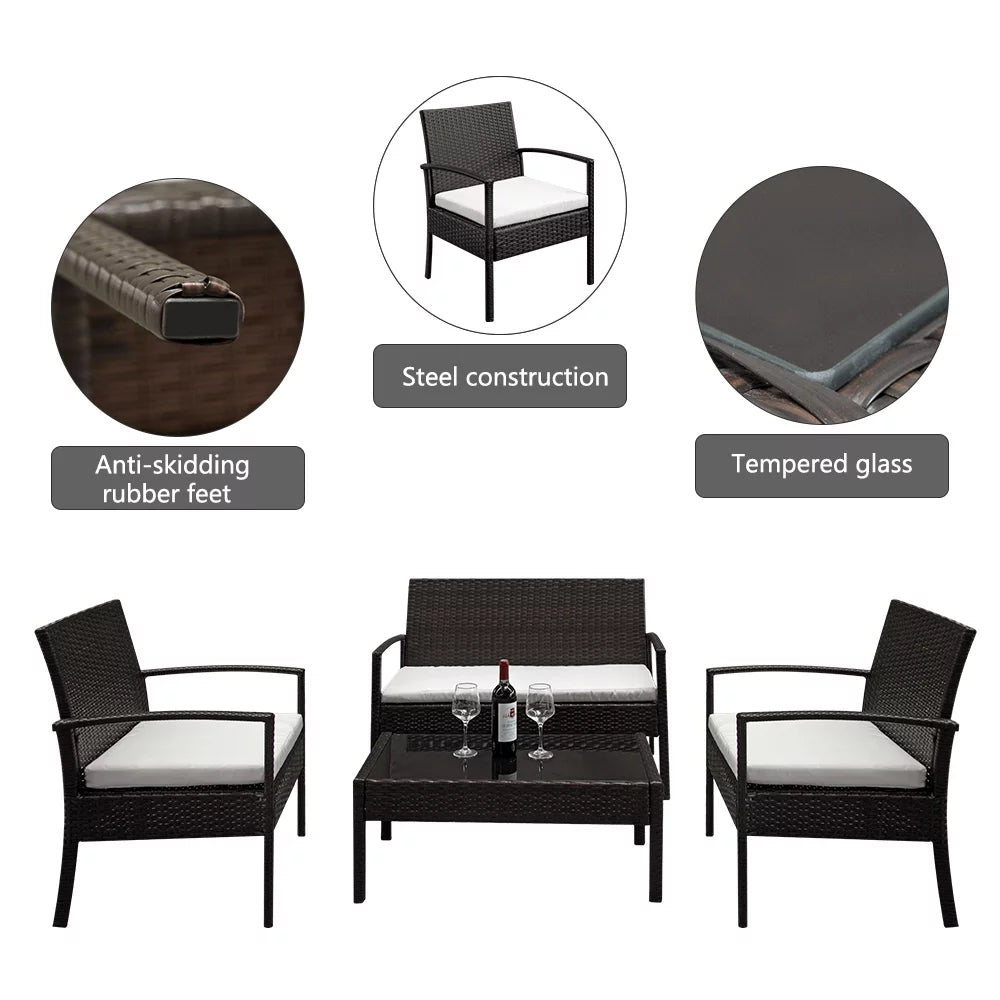 4 Pieces Rattan Cushioned Sofa Table Set E216199