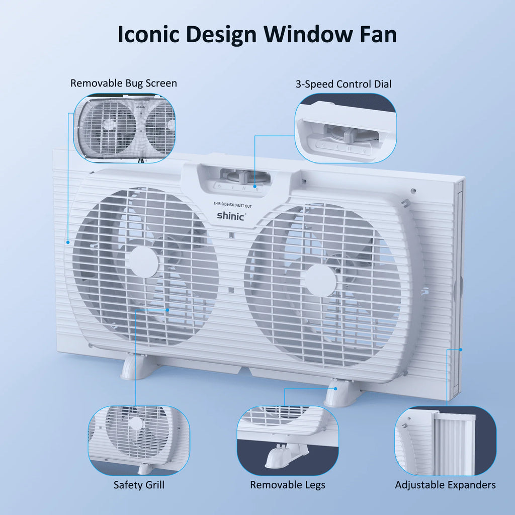 9 3-Speed Twin Window Fan with Bug Screen, White N936