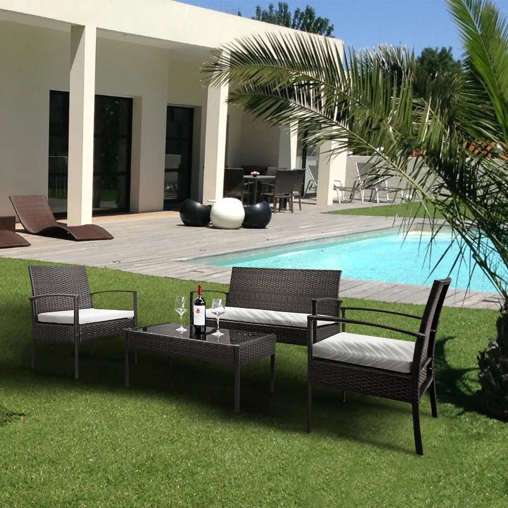 4 Pieces Rattan Cushioned Sofa Table Set E216199