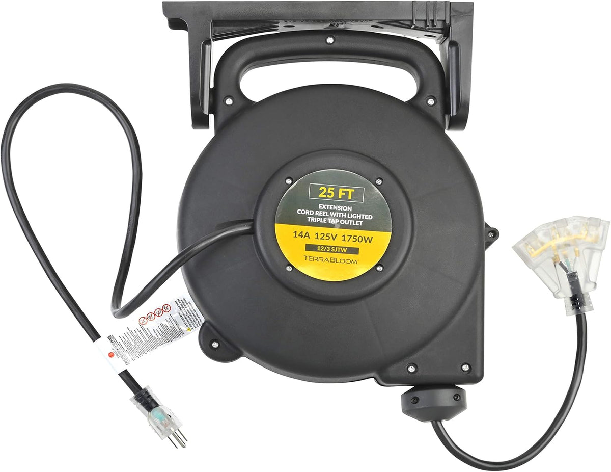25 Ft 12/3 Retractable Extension Cord Reel with 3 Outlets J361