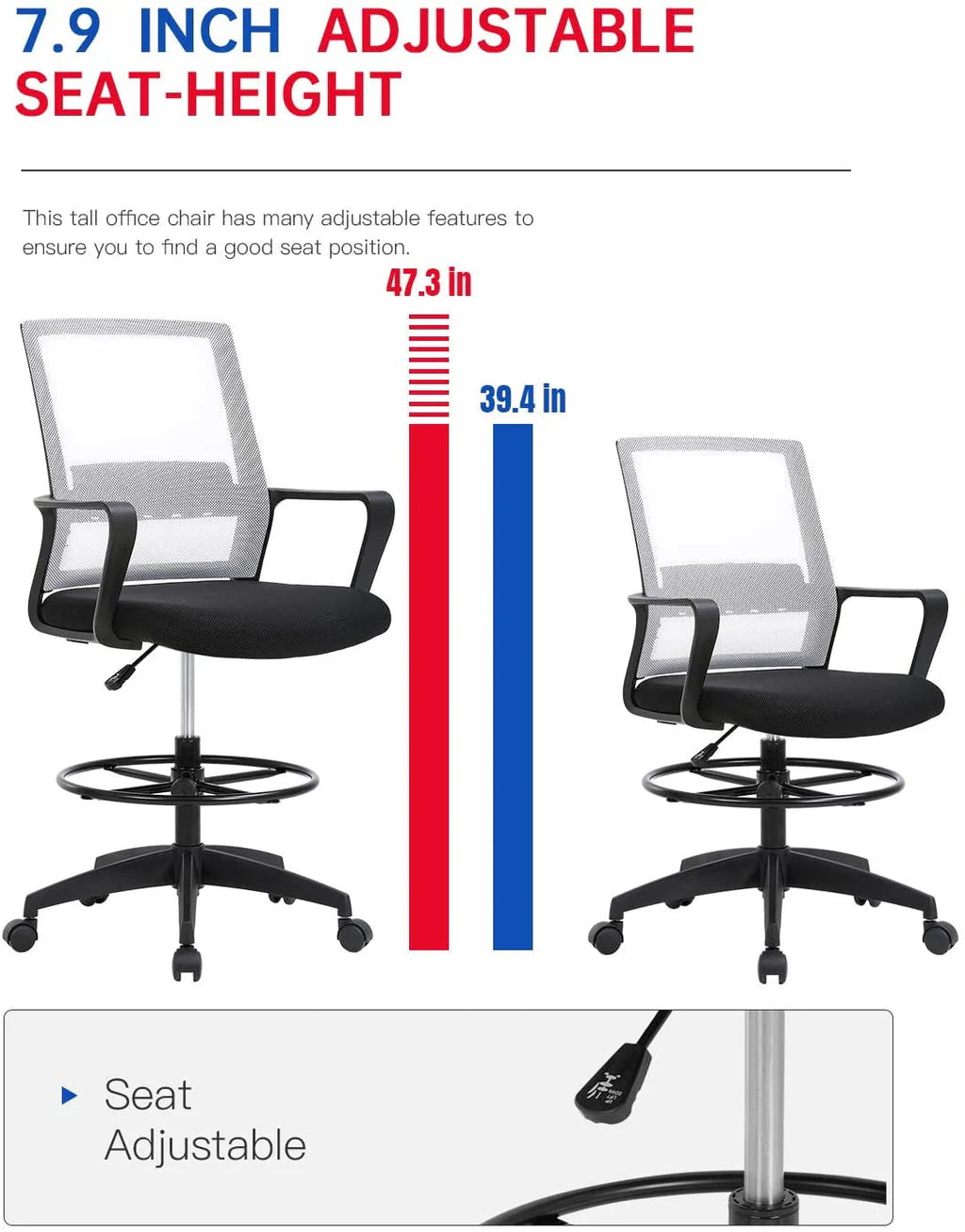 Black Adjustable Mesh Drafting Chair with Lumbar Support S14643