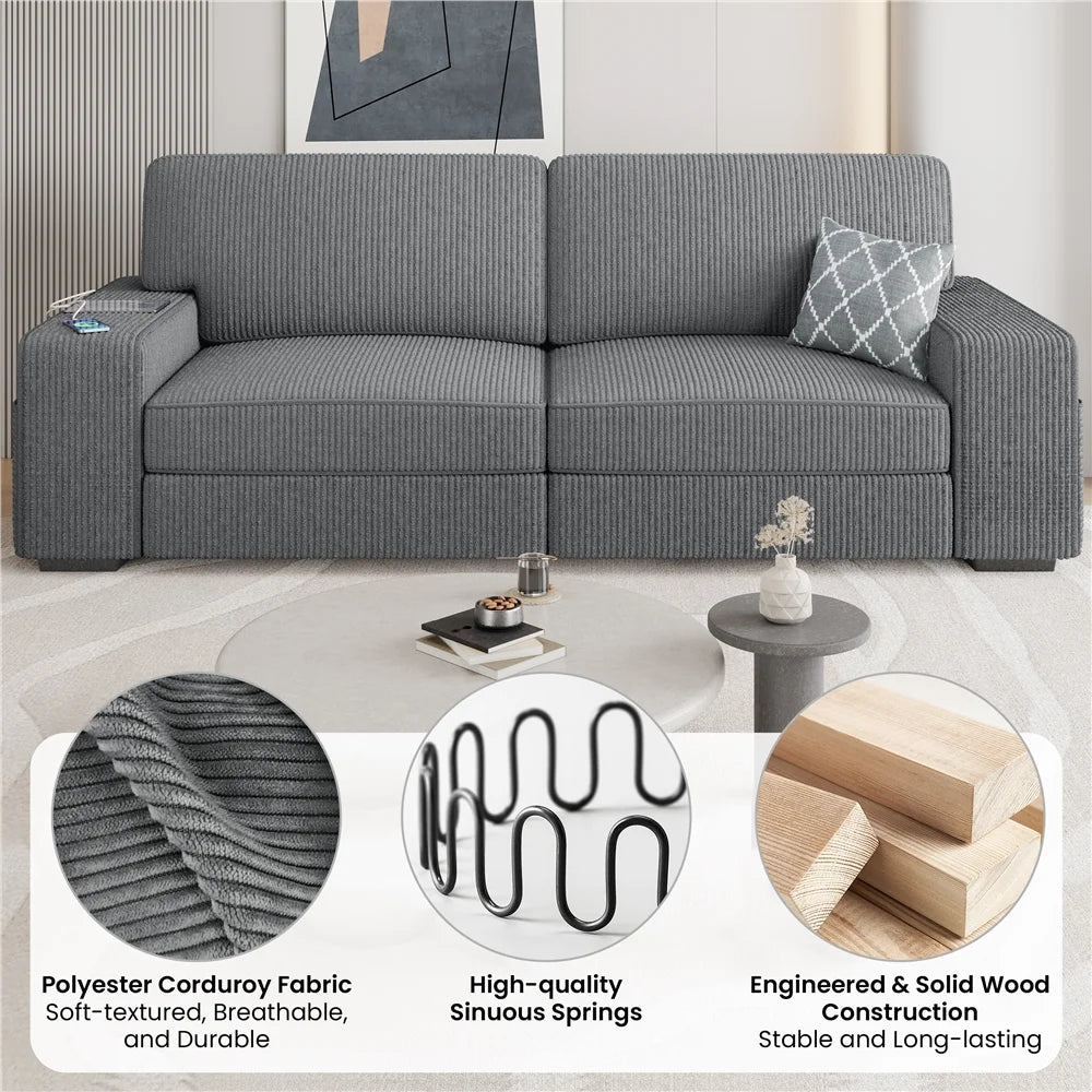 83.5'' W 2-Seater Corduroy Fabric Sofa Couch with USB Charging Ports, Ivory H797