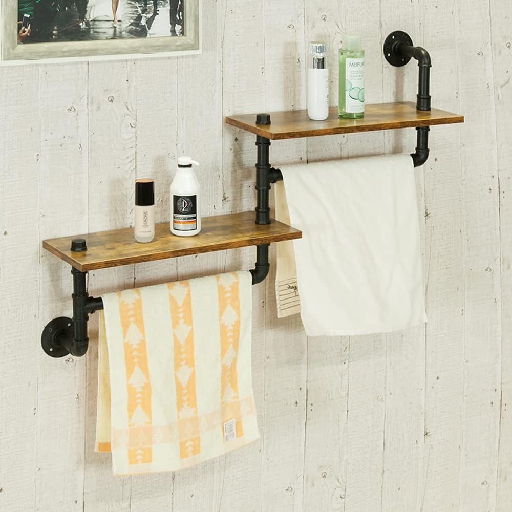 Rustic 2 Tier Wall Mounted Metal Shelves with Towel Bars X941126