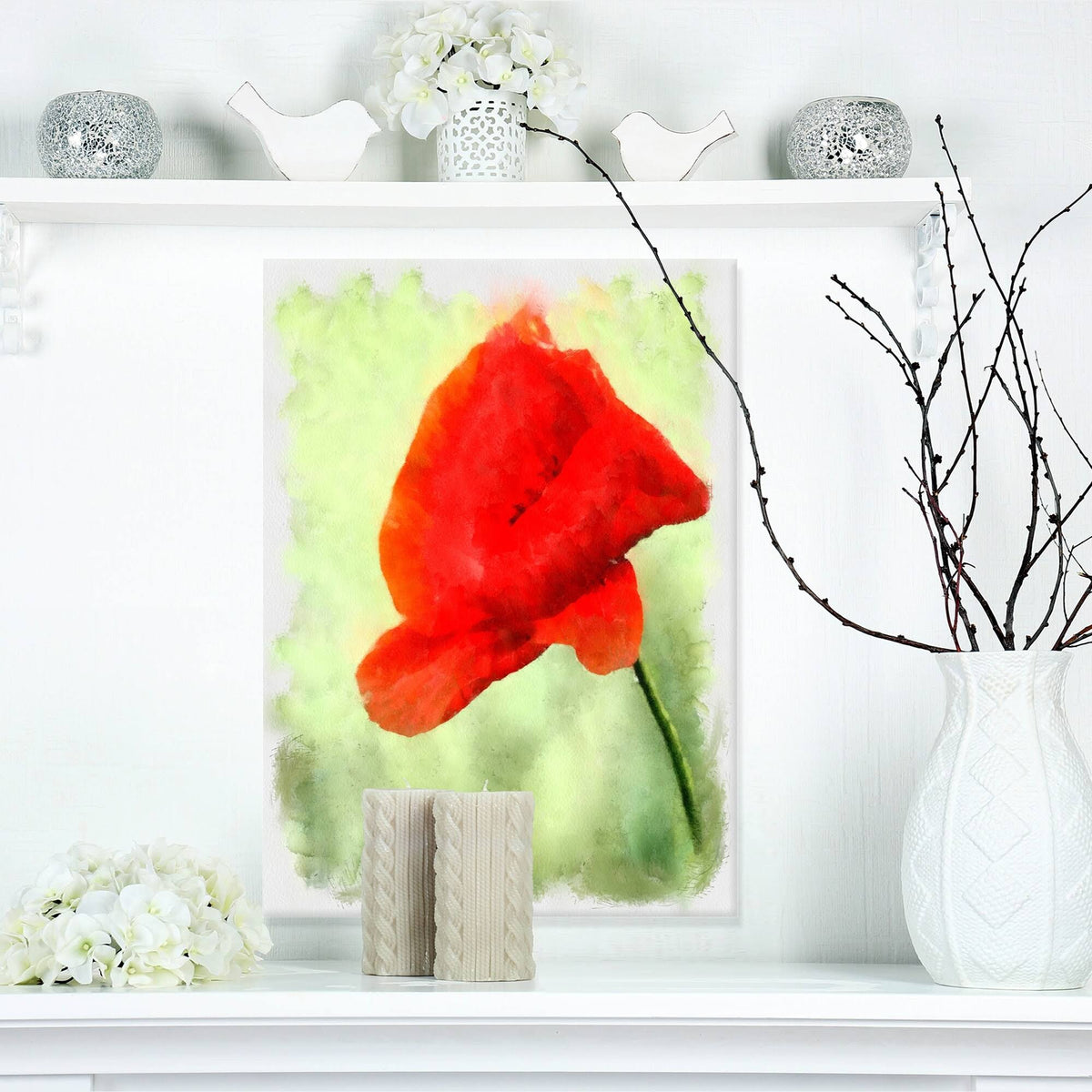 Big Red Poppy Flower Watercolor Painting Print on Wrapped Canvas X838563
