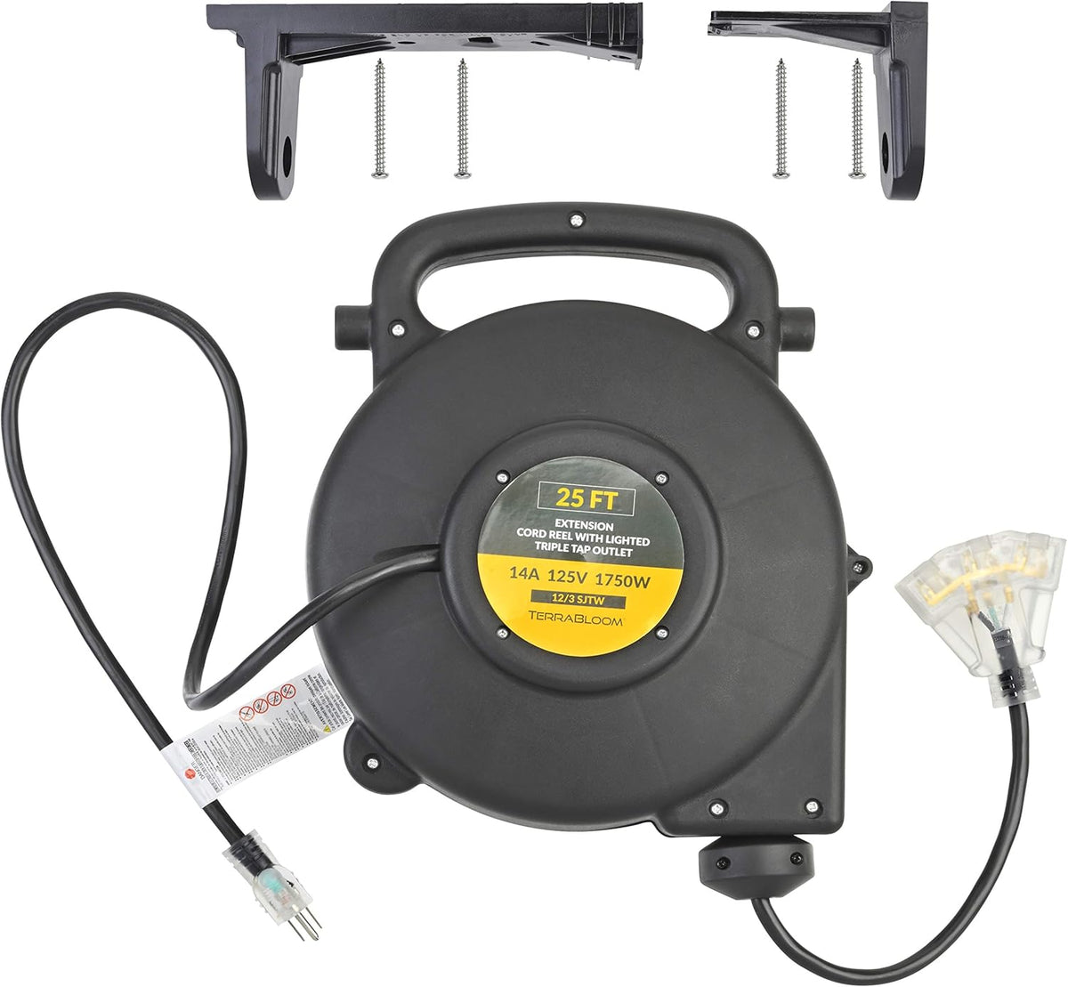 25 Ft 12/3 Retractable Extension Cord Reel with 3 Outlets J361