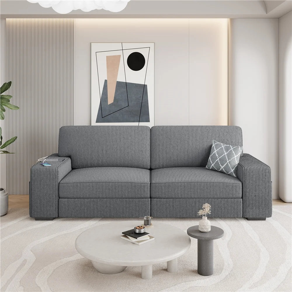 83.5'' W 2-Seater Corduroy Fabric Sofa Couch with USB Charging Ports, Ivory H797