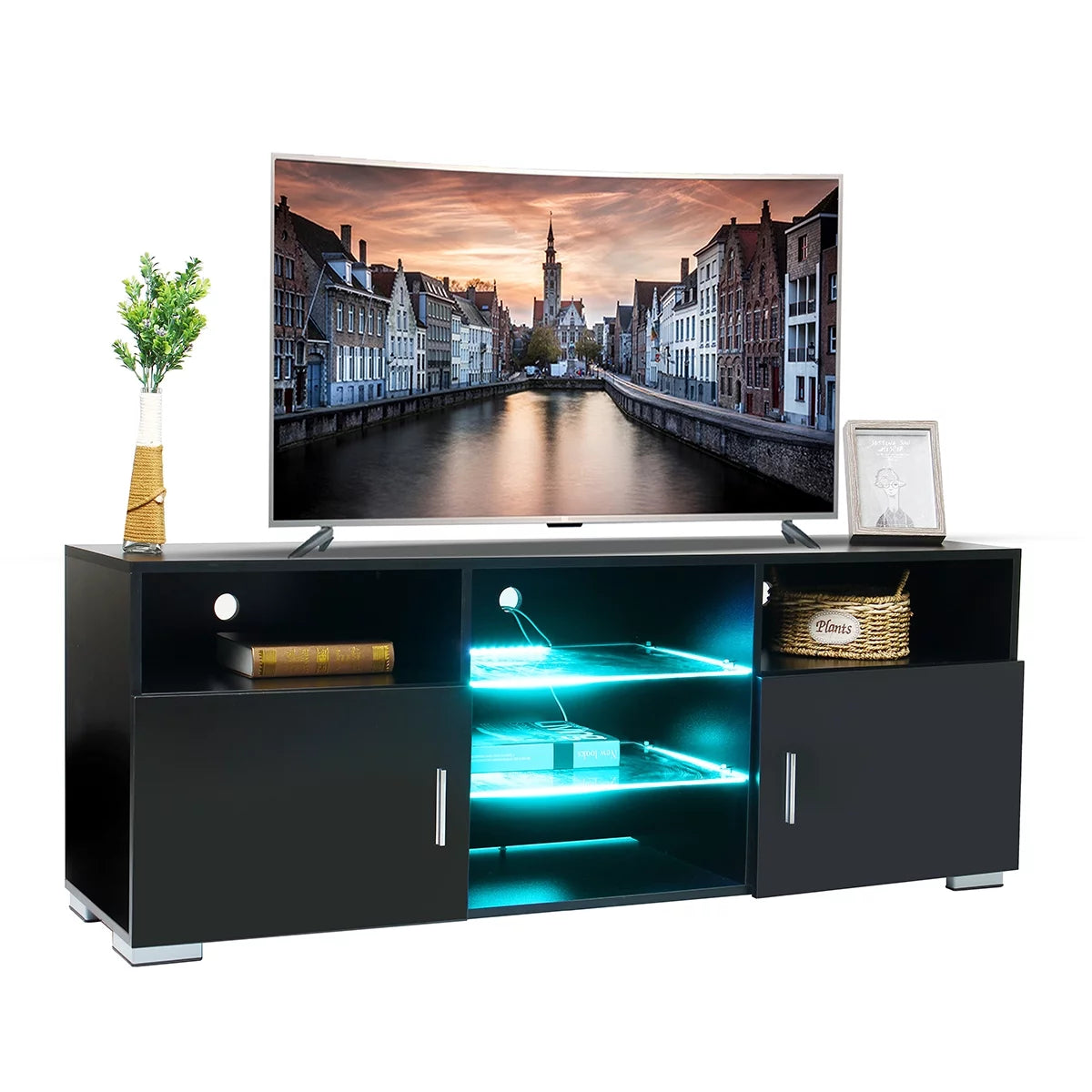 57'' TV Stand with RGB LED Light and Glass Shelves F5241
