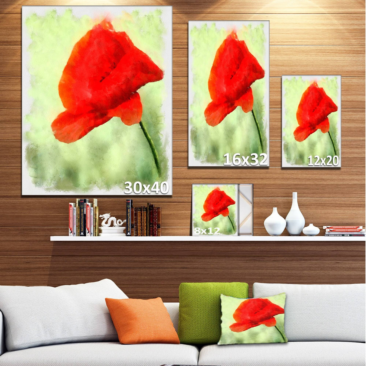 Big Red Poppy Flower Watercolor Painting Print on Wrapped Canvas X838563