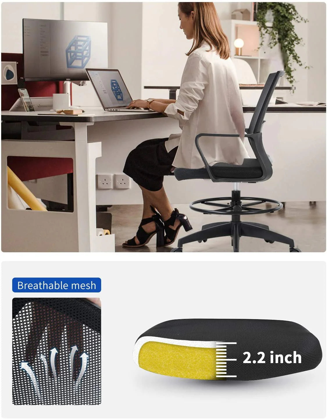 Black Adjustable Mesh Drafting Chair with Lumbar Support S14643