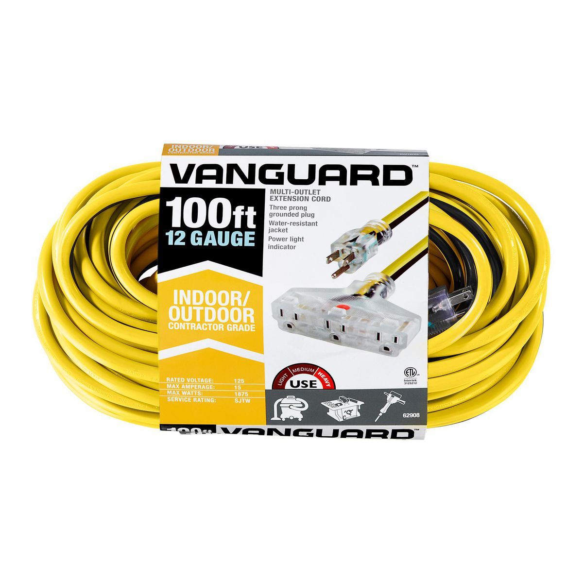 100 ft. 12/3 Gauge Multiple Outlet Extension Cord with Indicator Light, Yellow, Black Y62654