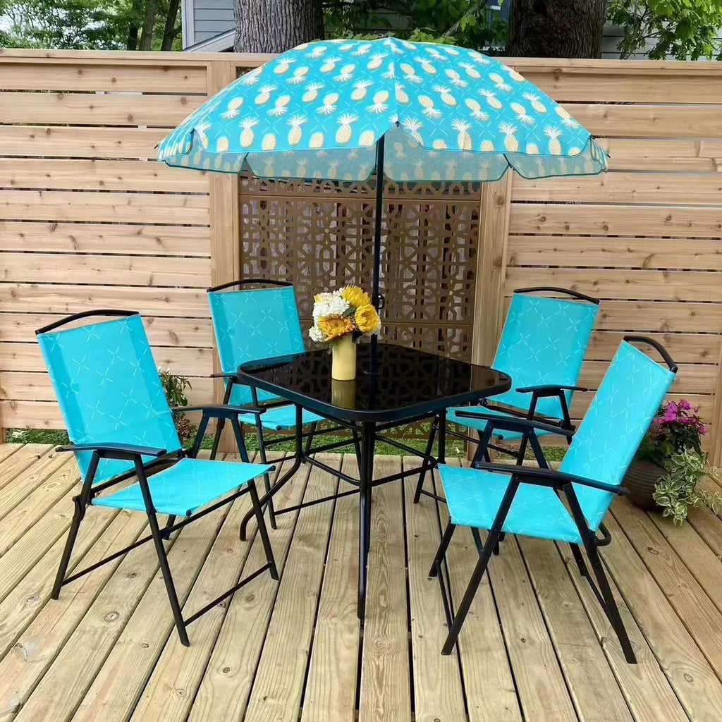 6 Pcs Blue Steel Folding Outdoor Dining Set with Umbrella N9380