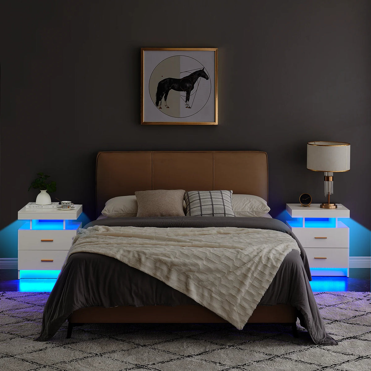 Black 2 Drawer LED Nightstand with Wireless Charging Station Z873334