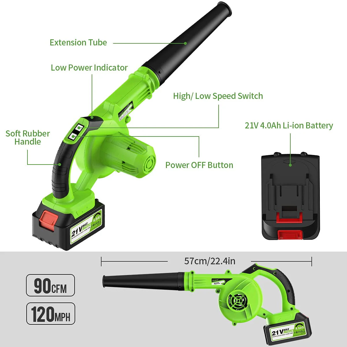 21V Cordless Leaf Blower 135MPH 321CFM 6 Speed with 4.0Ah Li-ion Battery R2584