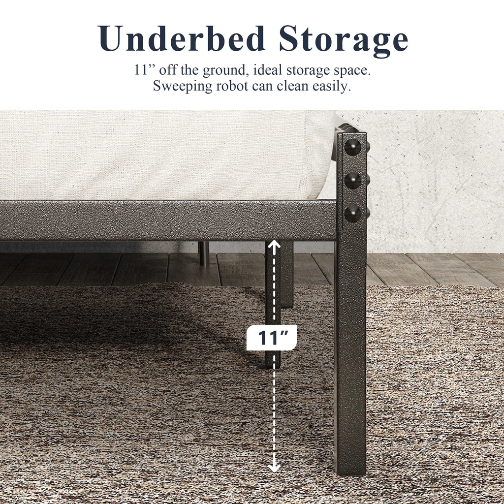 Queen Size Industrial Metal Platform Bed Frame with Wooden Rivet Headboard L75420
