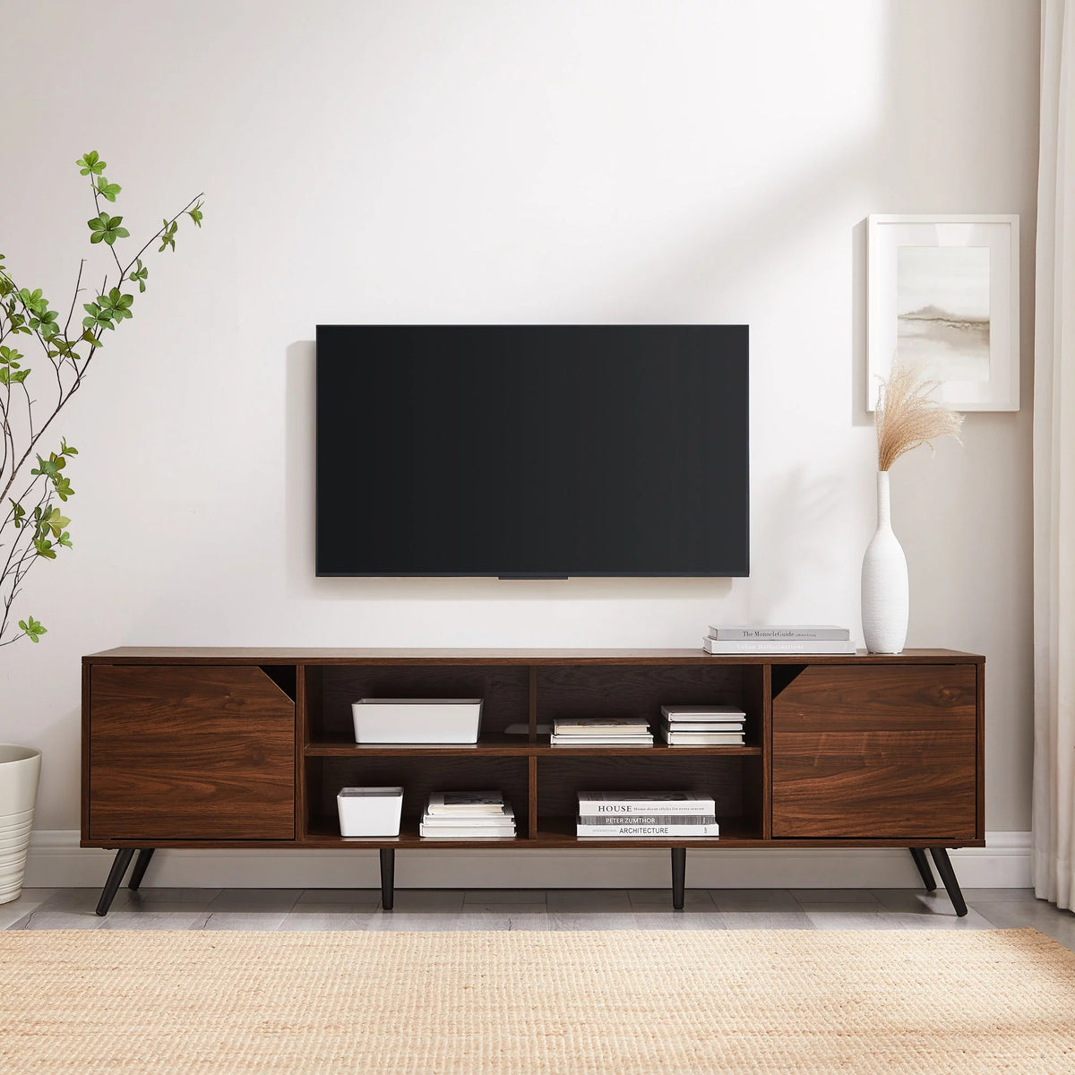 Mid-Century Modern Angle-Door TV Stand, Dark Walnut U808138