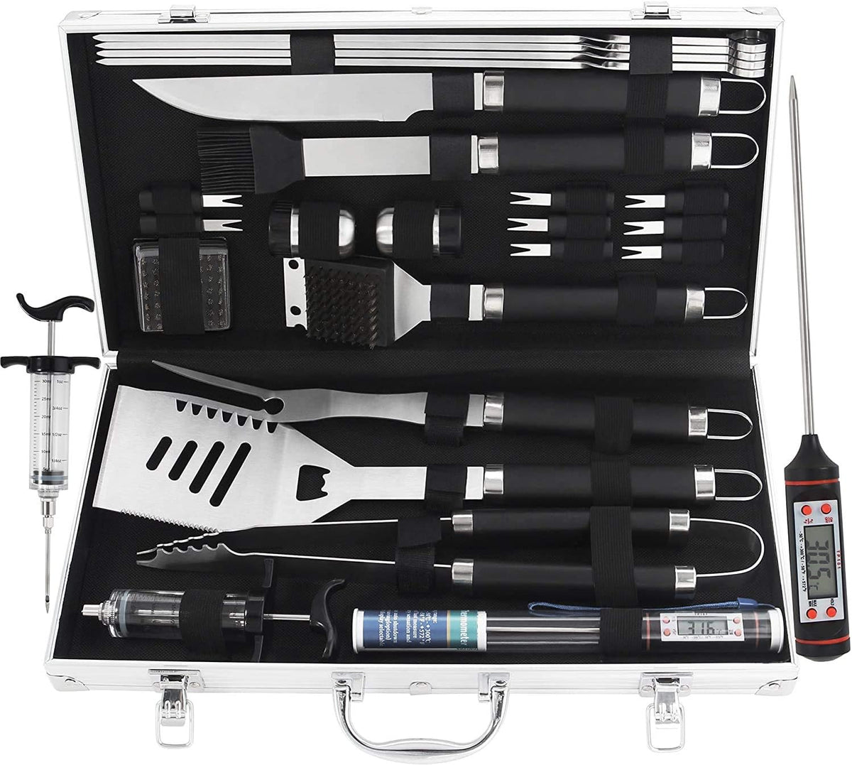 24PCS Stainless Steel BBQ Grill Tools Set with Meat Thermometer and Injector C600