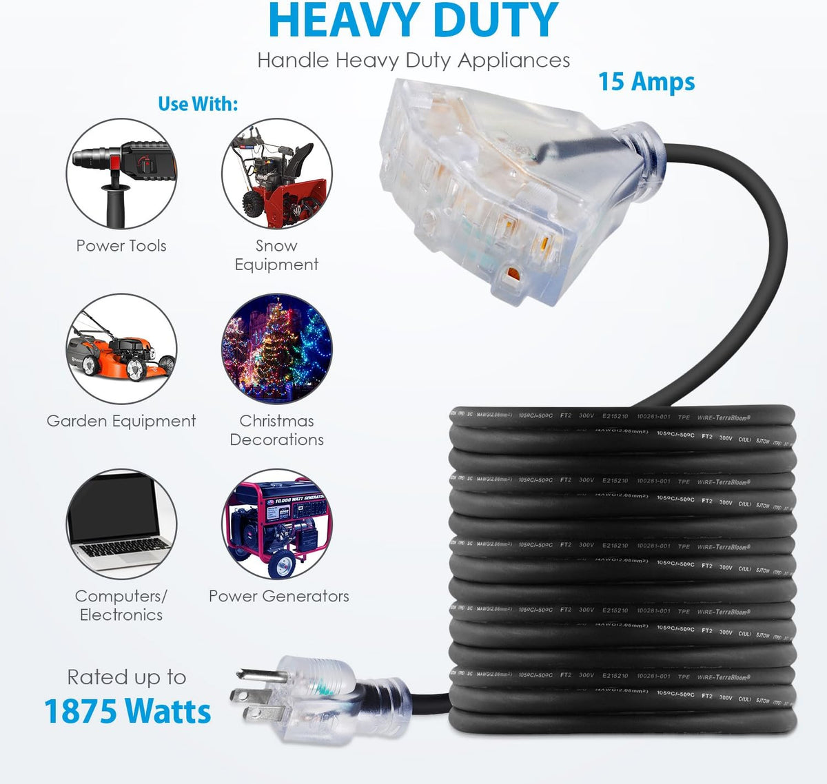 100 FT 14/3 Outdoor Extension Cord, Black Rubber Triple Outlet N501969