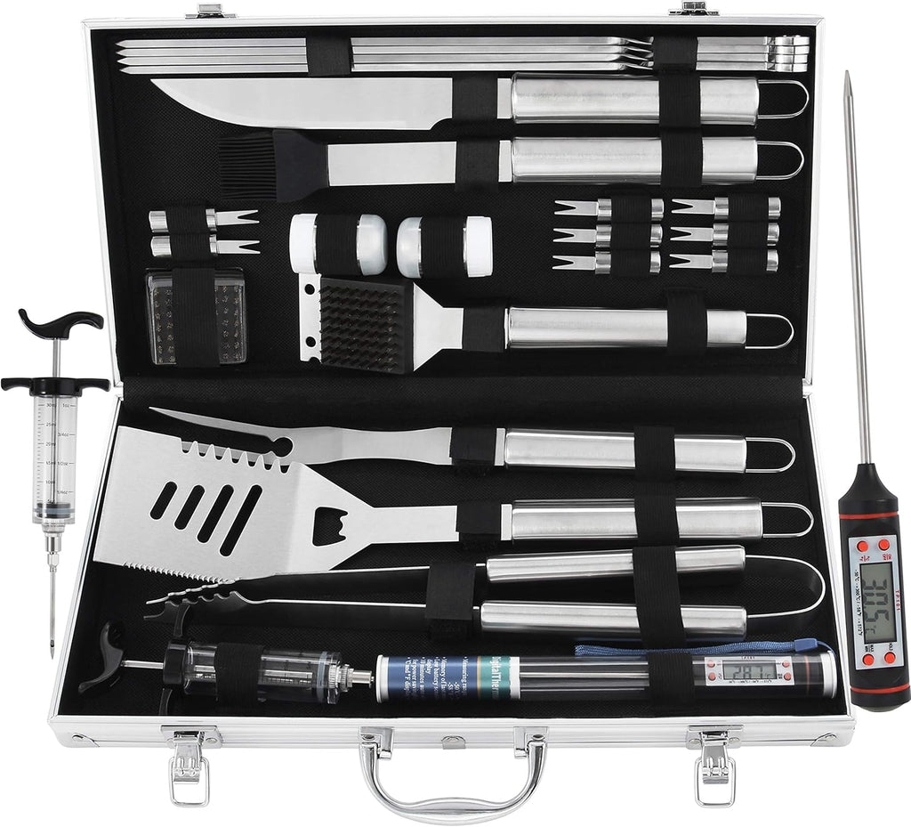 24PCS Stainless Steel BBQ Grill Tools Set with Meat Thermometer and Injector C600