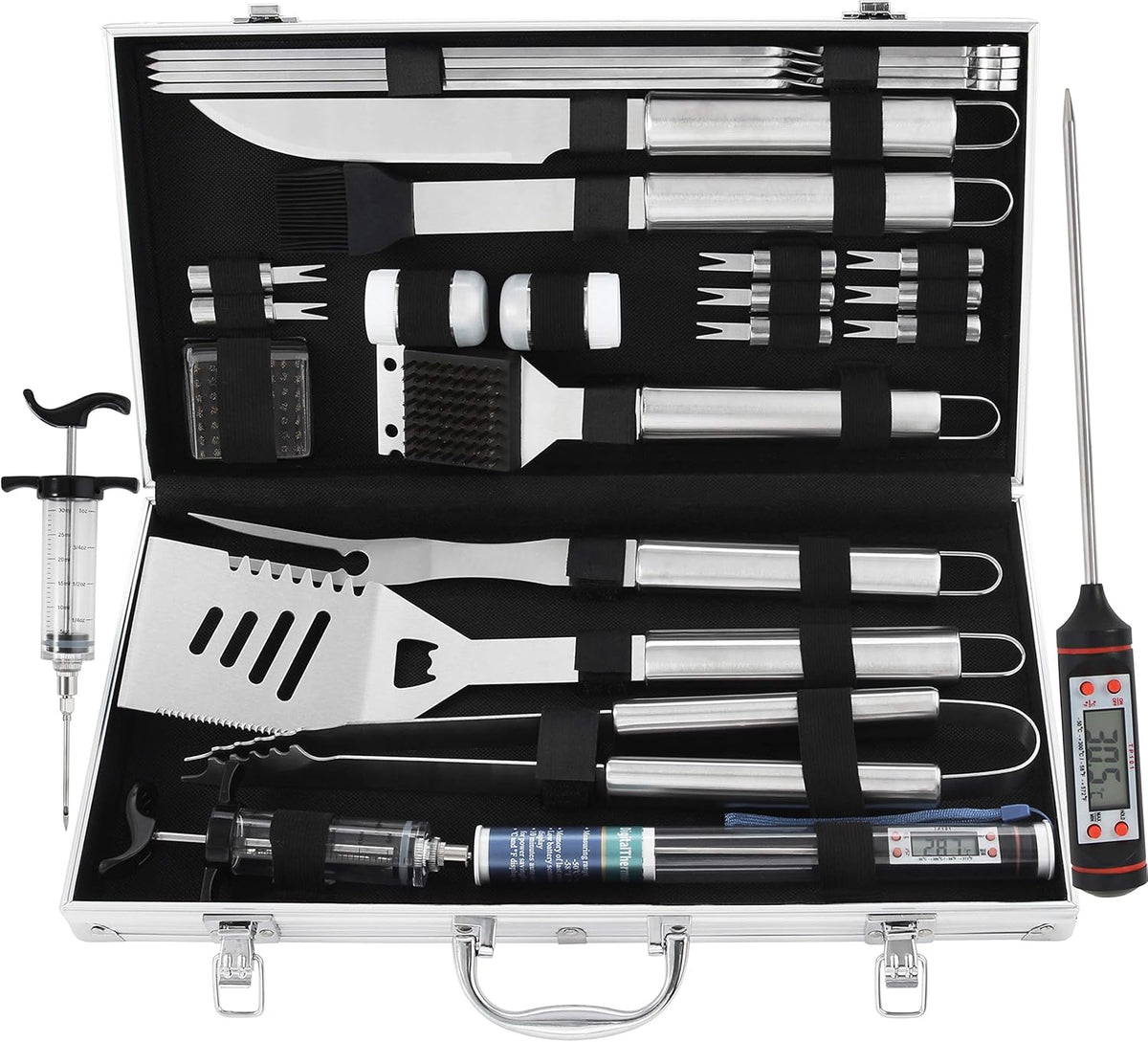 24PCS Stainless Steel BBQ Grill Tools Set with Meat Thermometer and Injector C600