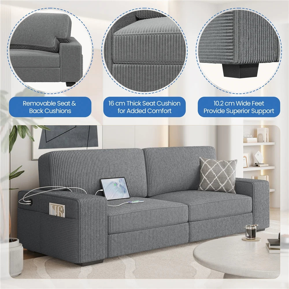 83.5'' W 2-Seater Corduroy Fabric Sofa Couch with USB Charging Ports, Ivory H797
