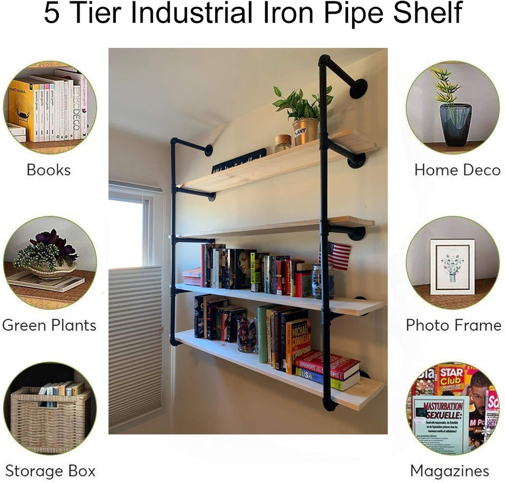 5 Tier Industrial Iron Pipe Wall Mount Bookshelf, 2 Pack 52 Inch W101503