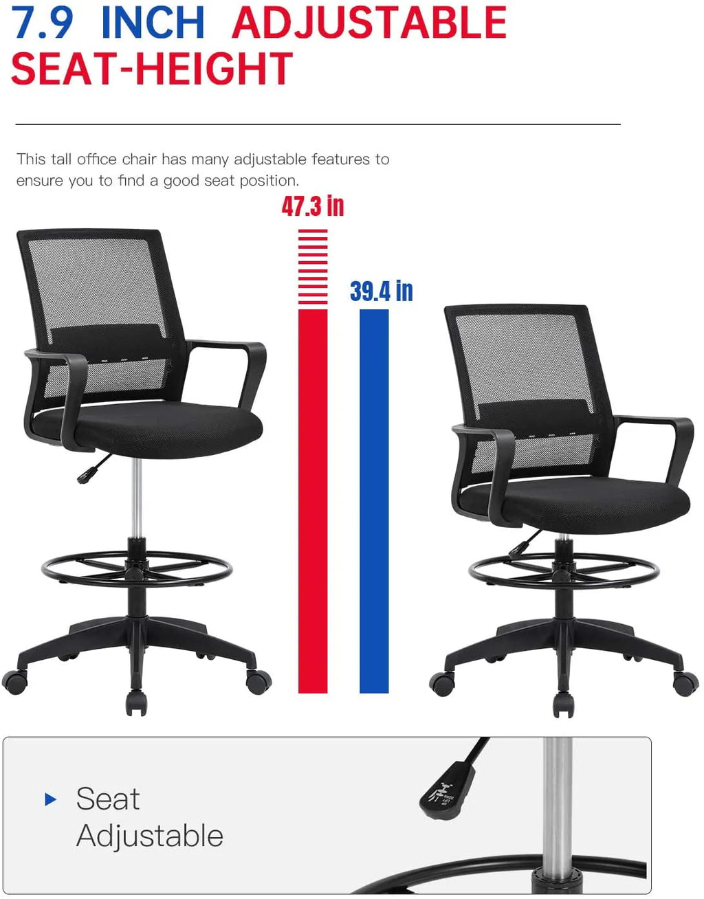 Black Adjustable Mesh Drafting Chair with Lumbar Support S14643