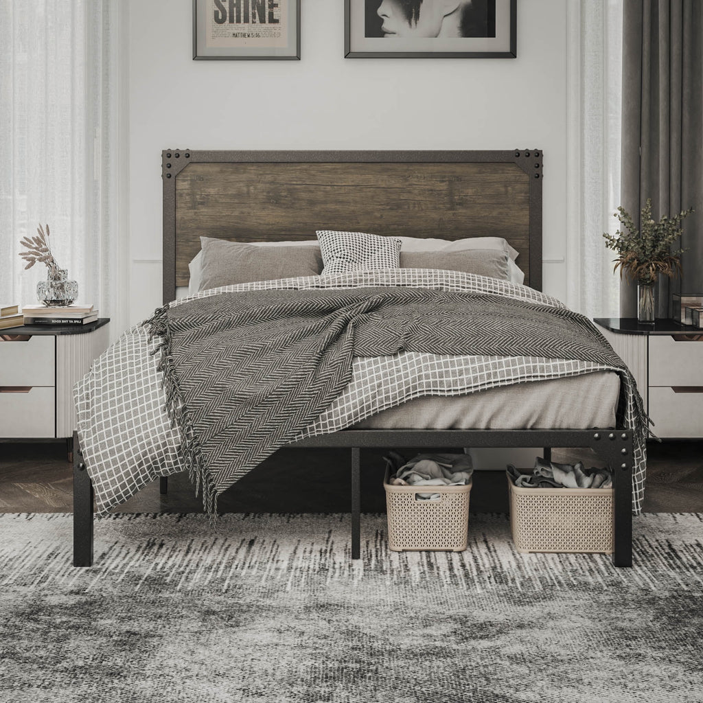 Queen Size Industrial Metal Platform Bed Frame with Wooden Rivet Headboard L75420