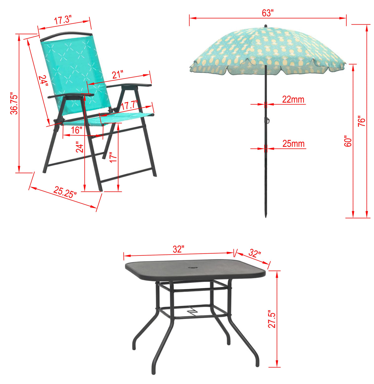 6 Pcs Blue Steel Folding Outdoor Dining Set with Umbrella N9380