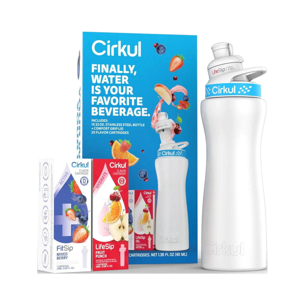 22 oz White Stainless Steel Water Bottle Starter Kit with Blue Lid and 2 Flavor Cartridges L1204