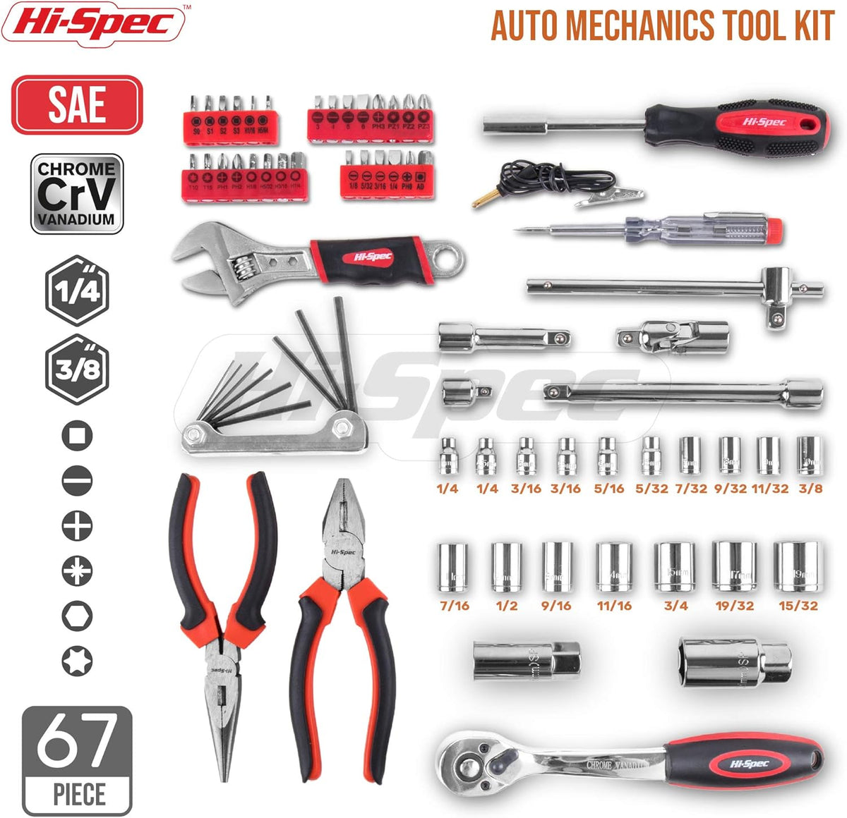 67 Piece Auto Mechanics Tool Kit with Metric Sockets, Ratchet Set & Tool Box T2838